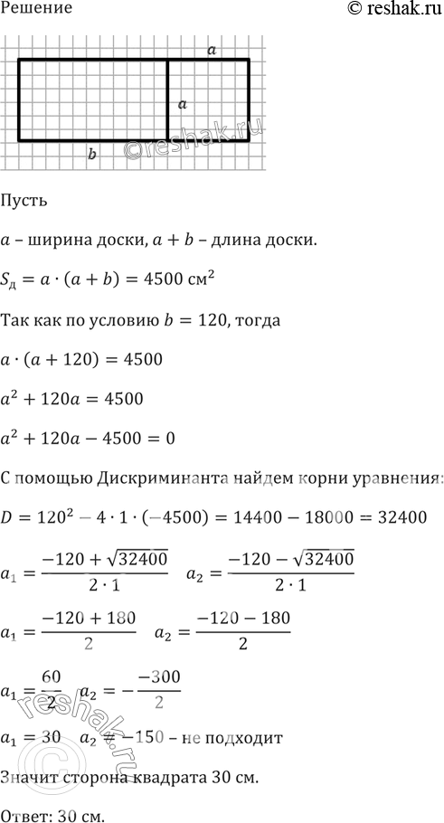 Изображение 565. Площадь доски прямоугольной формы равна 4500 см2. Доску распилили на две части, одна из которых представляет собой квадрат, а другая — прямоугольник. Найдите...